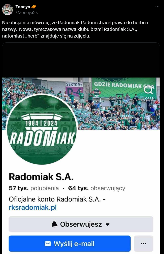 HIT! Radomiak STRACIŁ PRAWA do nazwy i herbu!? Tak teraz wygląda jego profil... O.o